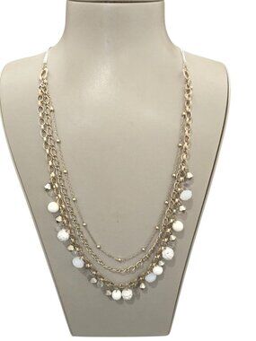 Lydell NYC Trendy Multi Layered White Beaded Gold Tone Necklace NWT